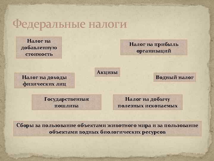 Федеральные налоги Налог на добавленную стоимость Налог на доходы физических лиц Государственная пошлина Налог