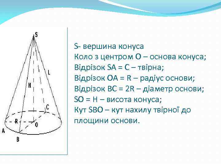 S- вершина конуса Коло з центром О – основа конуса; Відрізок SA = C