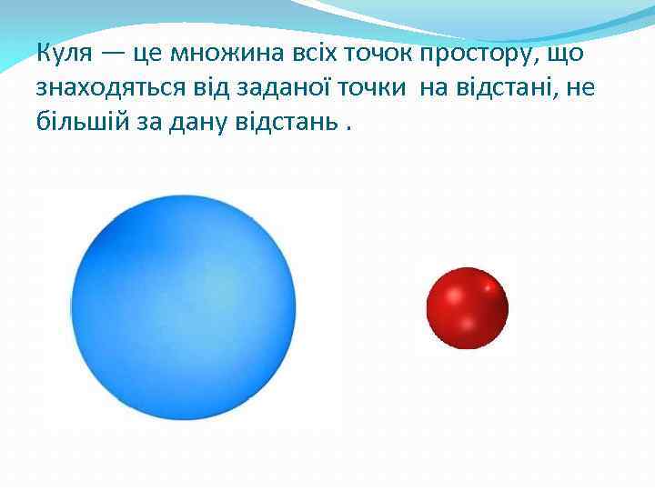 Куля — це множина всіх точок простору, що знаходяться від заданої точки на відстані,