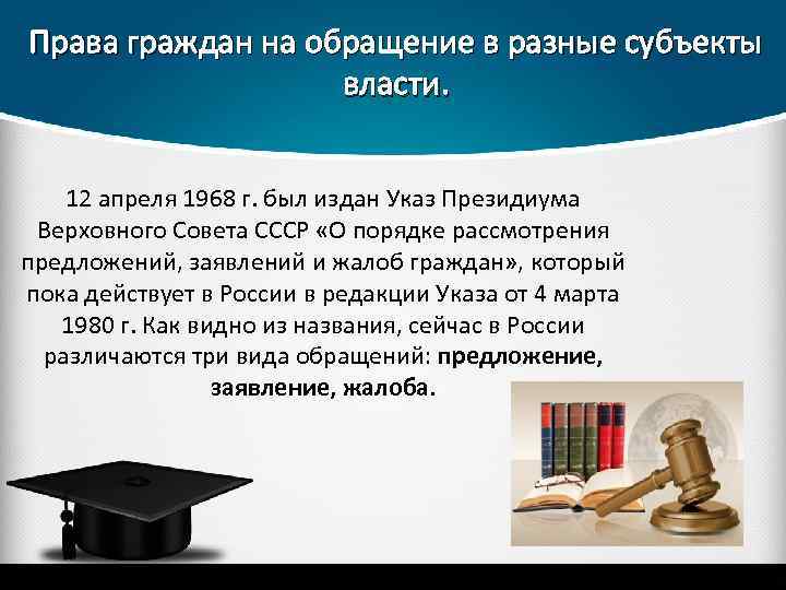 Права граждан на обращение в разные субъекты власти. 12 апреля 1968 г. был издан
