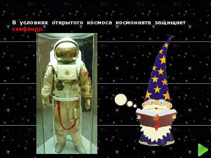  В условиях открытого космоса космонавта защищает скафандр. 