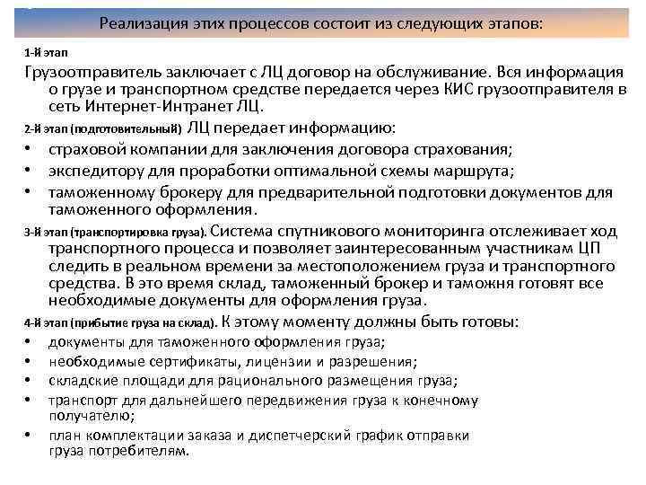 Реализация этих процессов состоит из следующих этапов: 1 -й этап Грузоотправитель заключает с ЛЦ