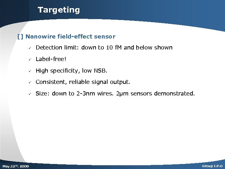 Targeting [] Nanowire field-effect sensor ü Detection limit: down to 10 f. M and