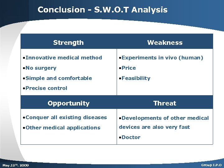 Conclusion - S. W. O. T Analysis Strength Weakness • Innovative medical method •