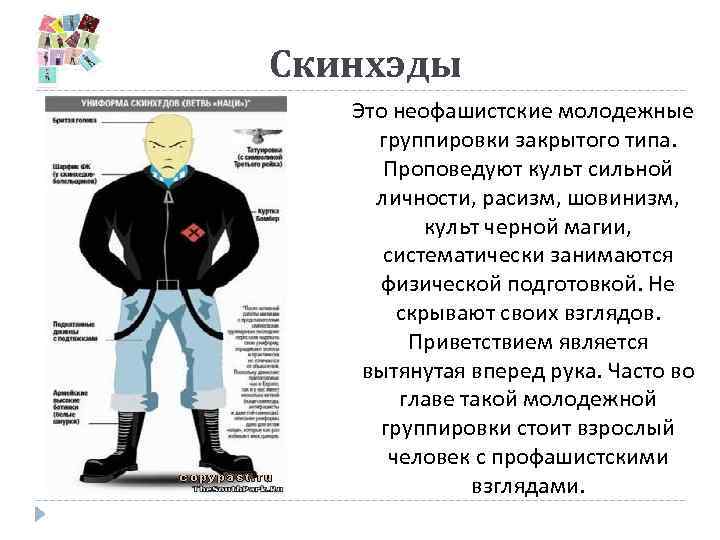 Скинхэды Это неофашистские молодежные группировки закрытого типа. Проповедуют культ сильной личности, расизм, шовинизм, культ