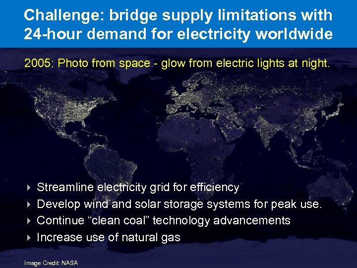 Challenge: bridge supply limitations with 24 -hour demand for electricity worldwide 2005: Photo from