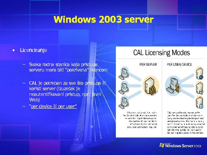 Windows 2003 server • Licenciranje – Svaka radna stanica koja pristupa serveru mora biti