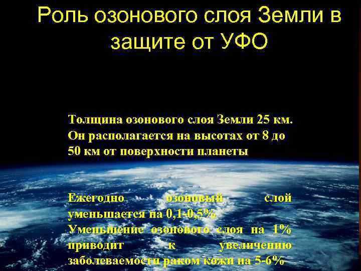 Роль озонового слоя Земли в защите от УФО Толщина озонового слоя Земли 25 км.
