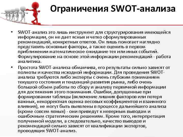 Ограничения SWOT-анализа • SWOT-анализ это лишь инструмент для структурирования имеющейся информации, он не дает