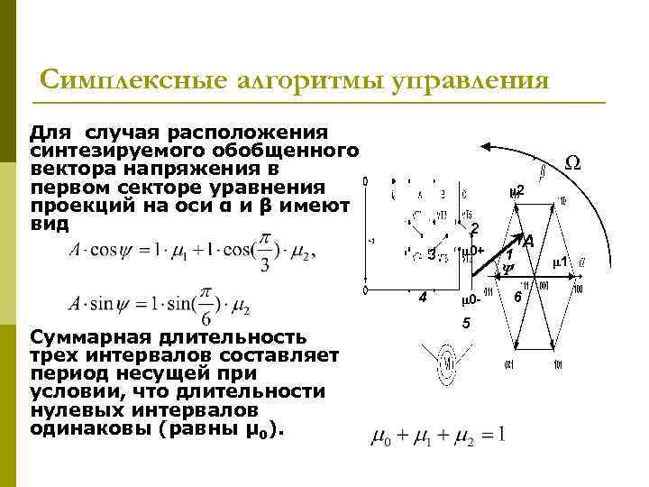 Симплексные алгоритмы управления Для случая расположения синтезируемого обобщенного вектора напряжения в первом секторе уравнения