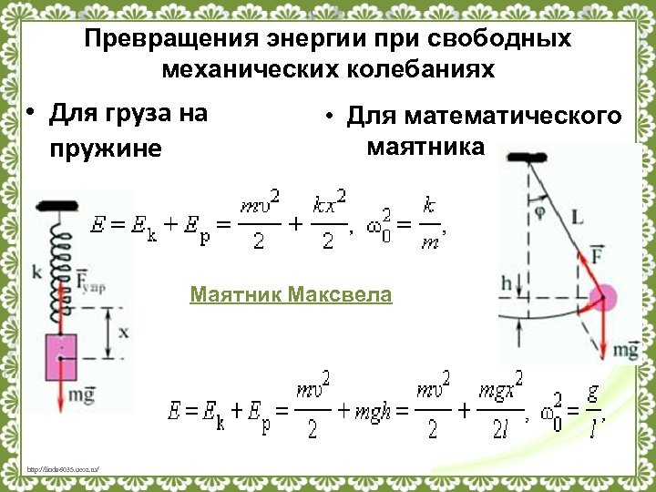 Превращения энергии при свободных механических колебаниях • Для груза на пружине • Для математического