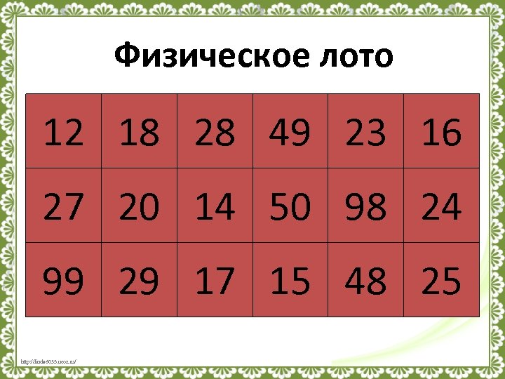 Физическое лото 12 18 28 49 23 16 27 20 14 50 98 24