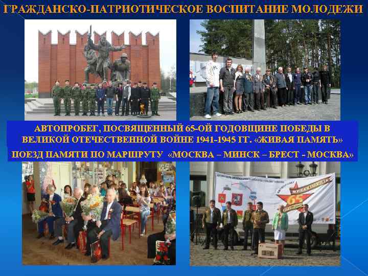 ГРАЖДАНСКО-ПАТРИОТИЧЕСКОЕ ВОСПИТАНИЕ МОЛОДЕЖИ АВТОПРОБЕГ, ПОСВЯЩЕННЫЙ 65 -ОЙ ГОДОВЩИНЕ ПОБЕДЫ В ВЕЛИКОЙ ОТЕЧЕСТВЕННОЙ ВОЙНЕ 1941