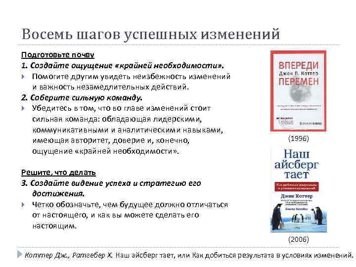 Восемь шагов успешных изменений Подготовьте почву 1. Создайте ощущение «крайней необходимости» . Помогите другим