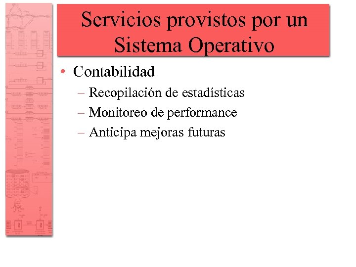 Servicios provistos por un Sistema Operativo • Contabilidad – Recopilación de estadísticas – Monitoreo