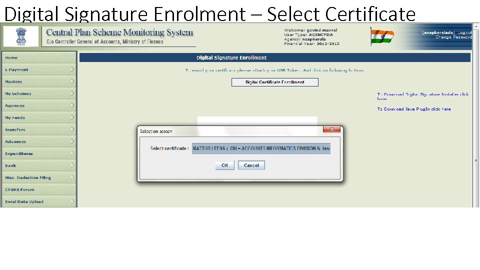 Digital Signature Enrolment – Select Certificate 