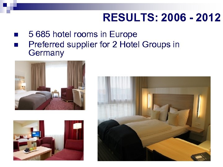 RESULTS: 2006 - 2012 n n 5 685 hotel rooms in Europe Preferred supplier