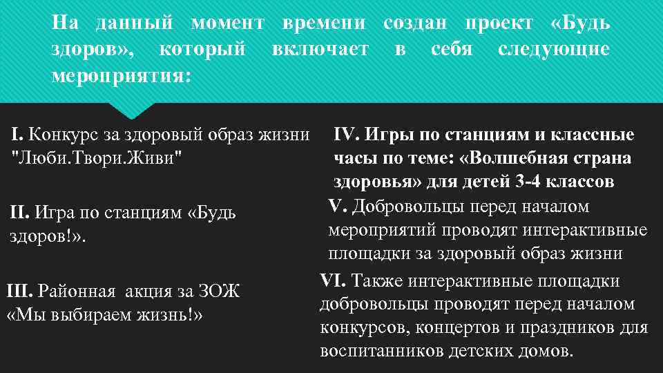 На данный момент времени создан проект «Будь здоров» , который включает в себя следующие