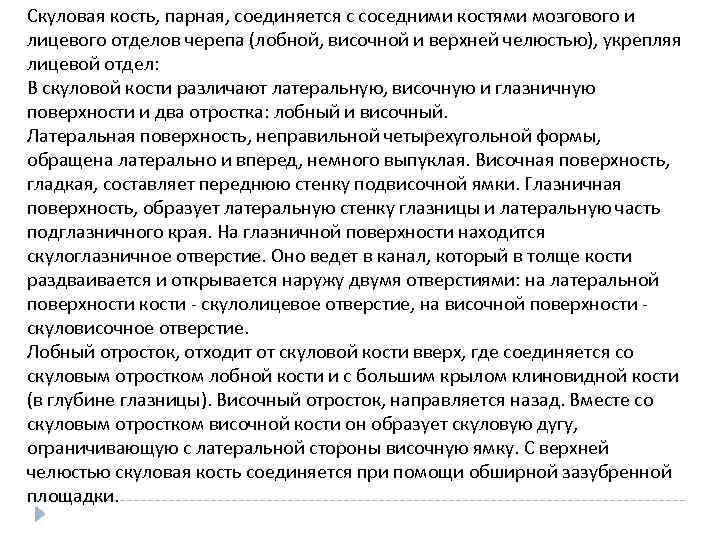 Скуловая кость, парная, соединяется с соседними костями мозгового и лицевого отделов черепа (лобной, височной