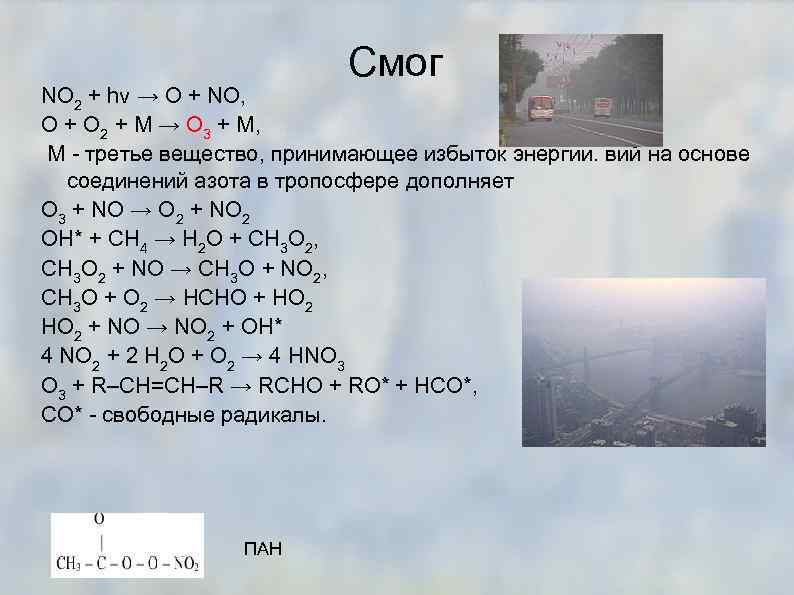 Смог NO 2 + hν → O + NO, O + O 2 +