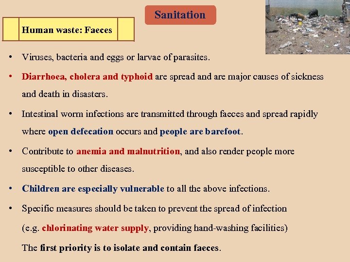 Sanitation Human waste: Faeces • Viruses, bacteria and eggs or larvae of parasites. •