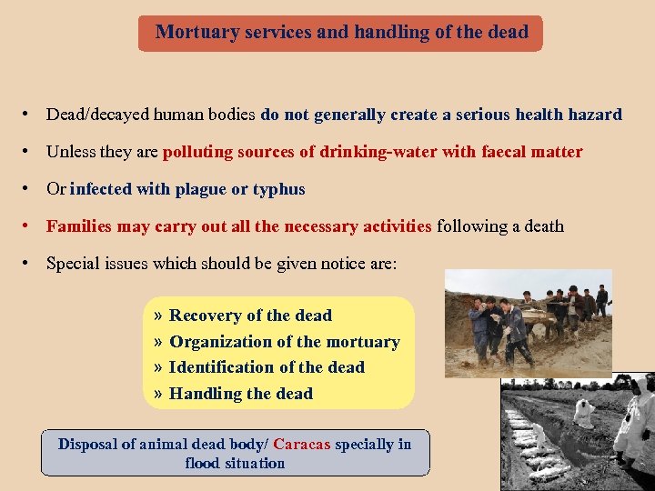 Mortuary services and handling of the dead • Dead/decayed human bodies do not generally