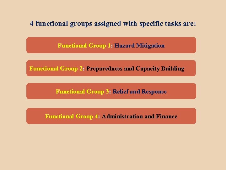 4 functional groups assigned with specific tasks are: Functional Group 1: Hazard Mitigation Functional