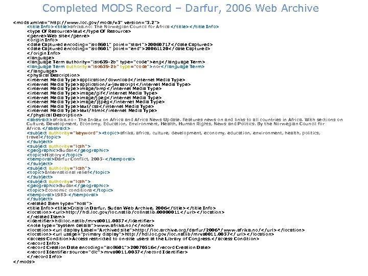 Completed MODS Record – Darfur, 2006 Web Archive <mods xmlns="http: //www. loc. gov/mods/v 3"