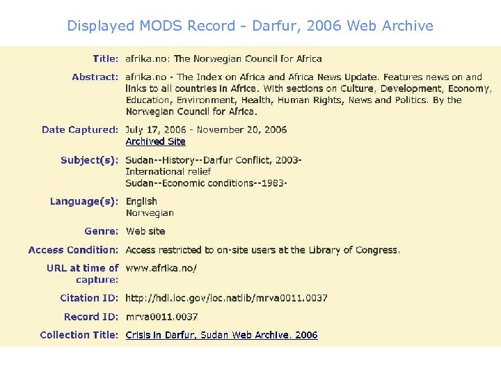 Displayed MODS Record - Darfur, 2006 Web Archive 