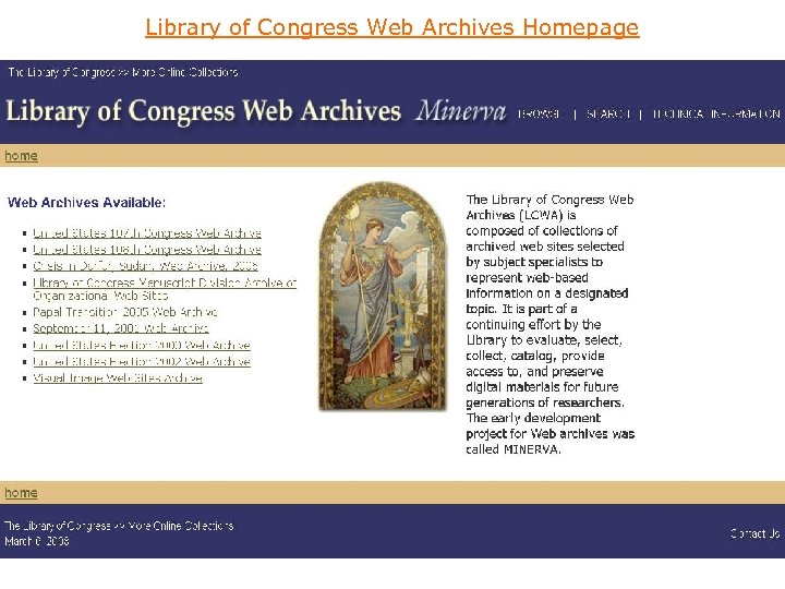 Library of Congress Web Archives Homepage 