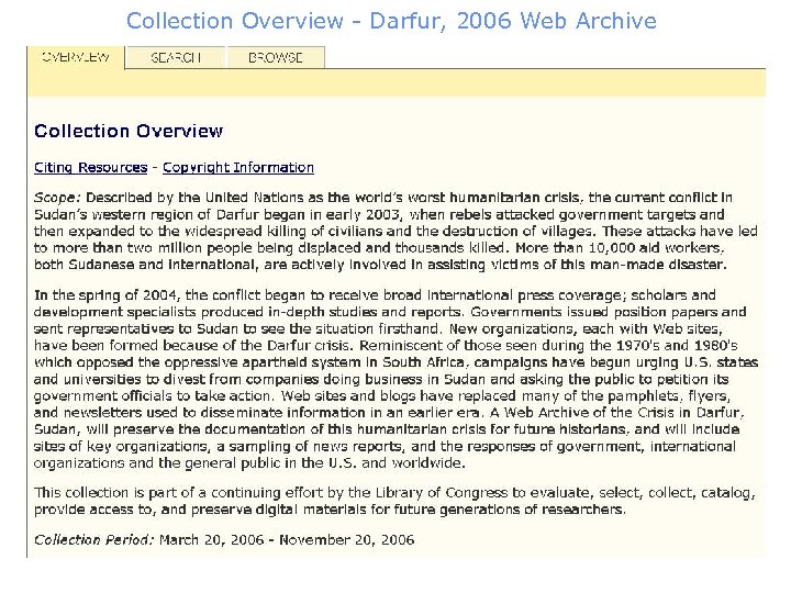 Collection Overview - Darfur, 2006 Web Archive 