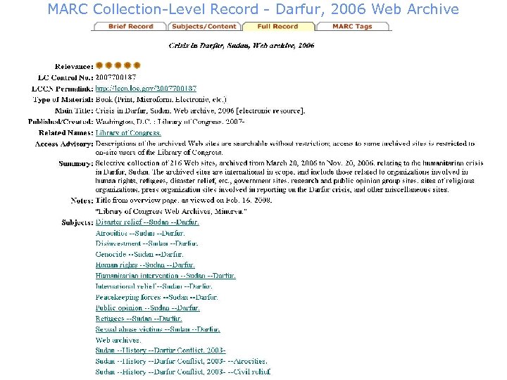 MARC Collection-Level Record - Darfur, 2006 Web Archive 