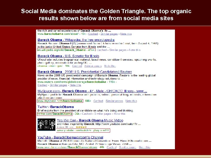 Social Media dominates the Golden Triangle. The top organic results shown below are from