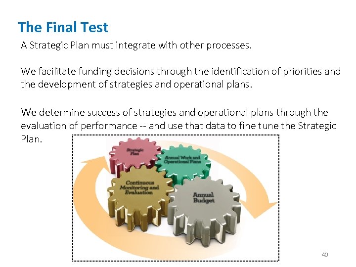 The Final Test A Strategic Plan must integrate with other processes. We facilitate funding