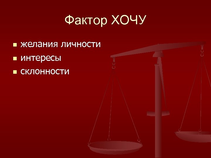 Фактор ХОЧУ n n n желания личности интересы склонности 