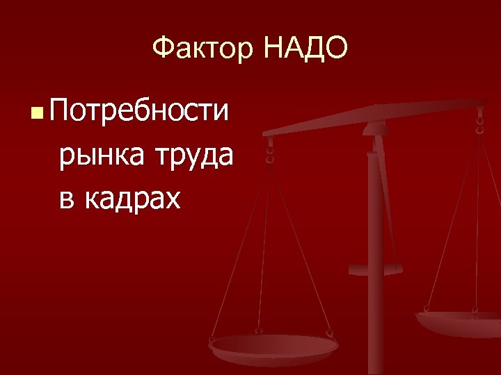 Фактор НАДО n Потребности рынка труда в кадрах 