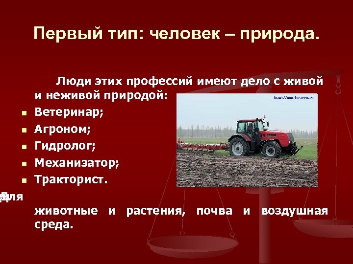 Первый тип: человек – природа. n n n ен Для Люди этих профессий имеют