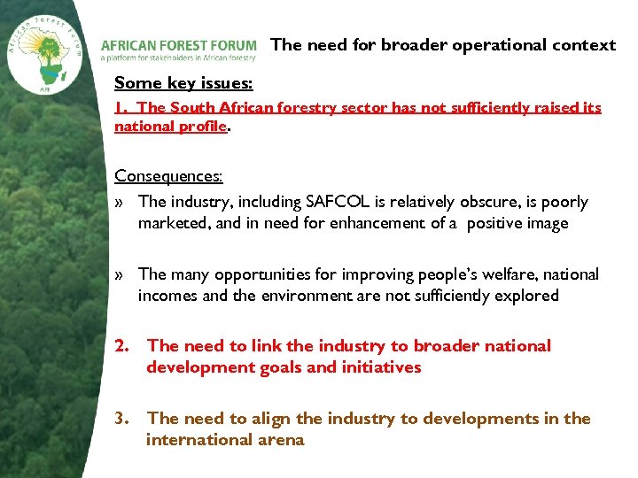 The need for broader operational context Some key issues: 1. The South African forestry