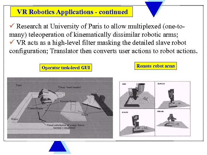 VR Robotics Applications - continued ü Research at University of Paris to allow multiplexed