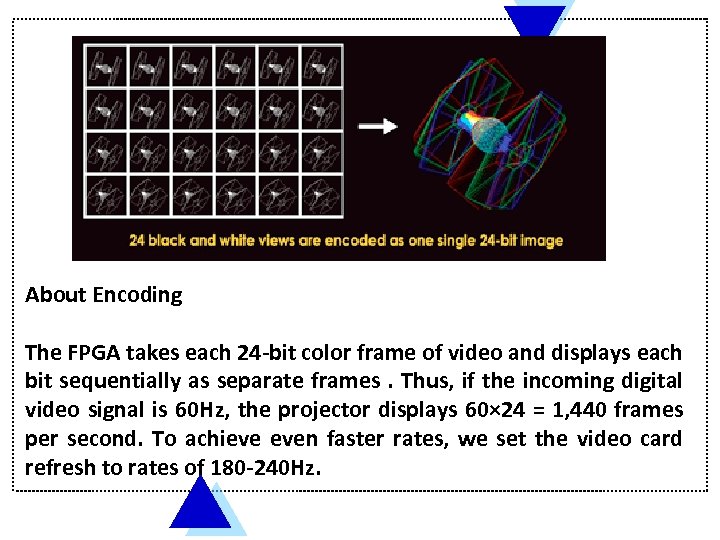 About Encoding The FPGA takes each 24 -bit color frame of video and displays