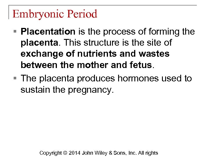 Embryonic Period § Placentation is the process of forming the placenta. This structure is