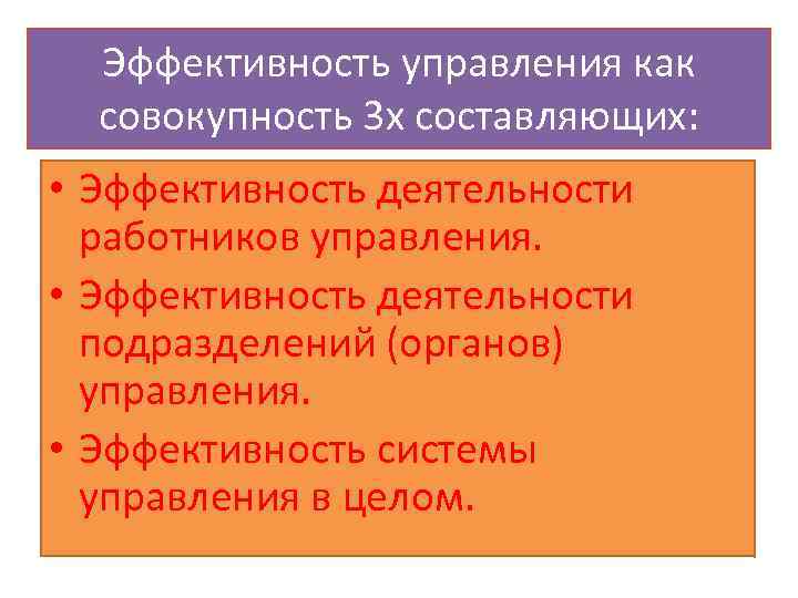 Эффективность управления как совокупность 3 х составляющих: • Эффективность деятельности работников управления. • Эффективность