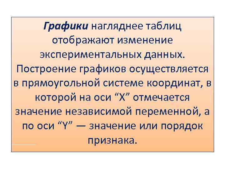 Графики нагляднее таблиц отображают изменение экспериментальных данных. Построение графиков осуществляется в прямоугольной системе координат,