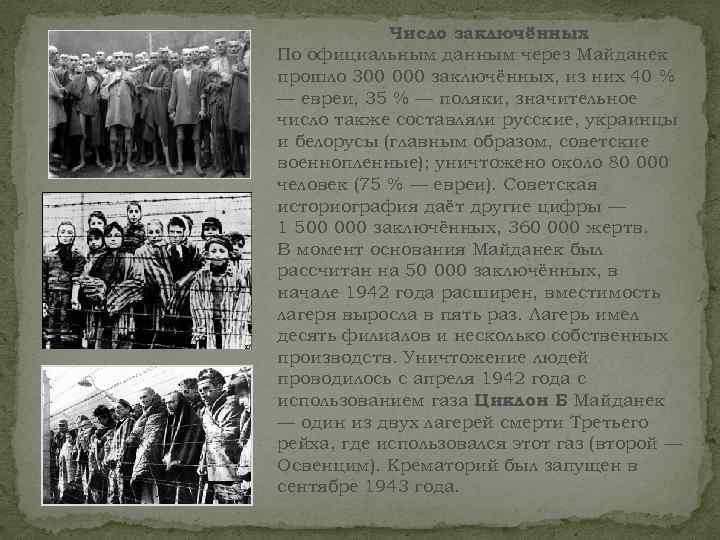 Число заключённых По официальным данным через Майданек прошло 300 000 заключённых, из них 40