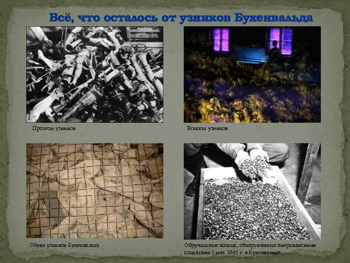 Всё, что осталось от узников Бухенвальда Протезы узников Обувь узников Бухенвальда Волосы узников Обручальные