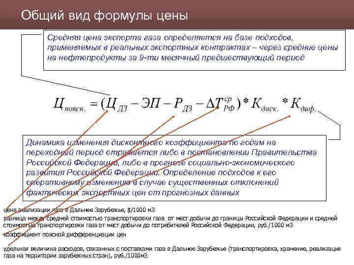 Общий вид формулы цены Средняя цена экспорта газа определяется на базе подходов, применяемых в