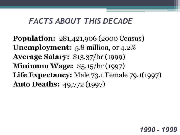 FACTS ABOUT THIS DECADE Population: 281, 421, 906 (2000 Census) Unemployment: 5. 8 million,