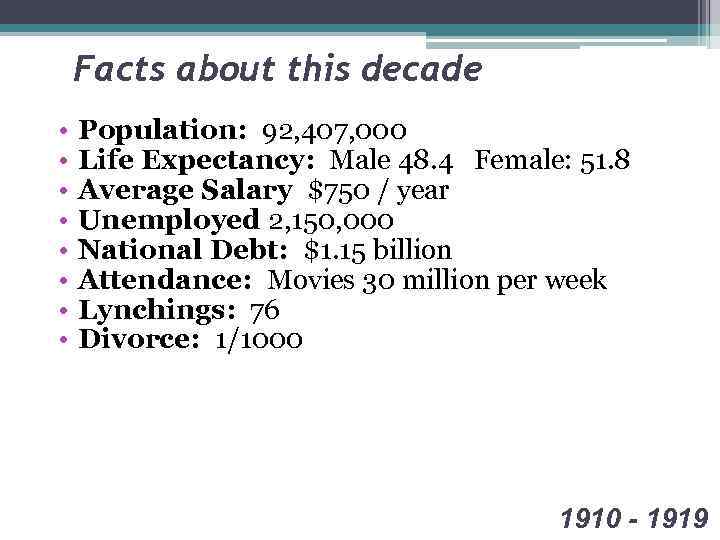 Facts about this decade • • Population: 92, 407, 000 Life Expectancy: Male 48.