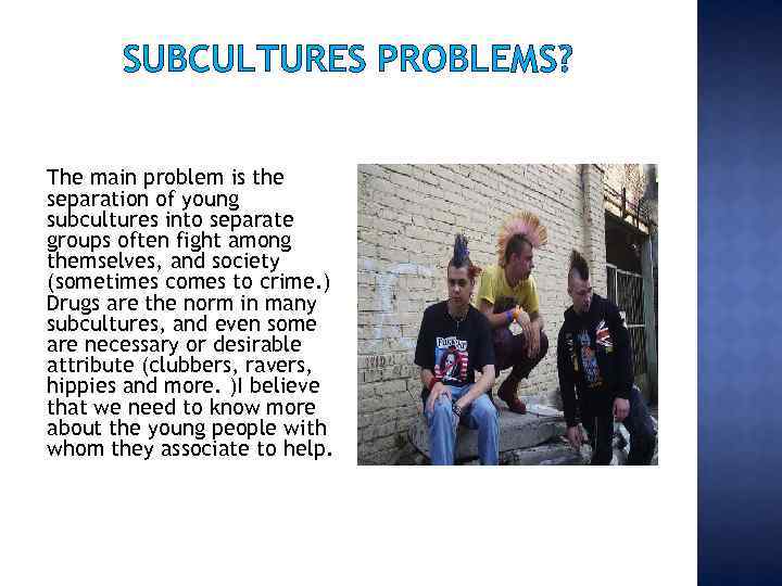 SUBCULTURES PROBLEMS? The main problem is the separation of young subcultures into separate groups