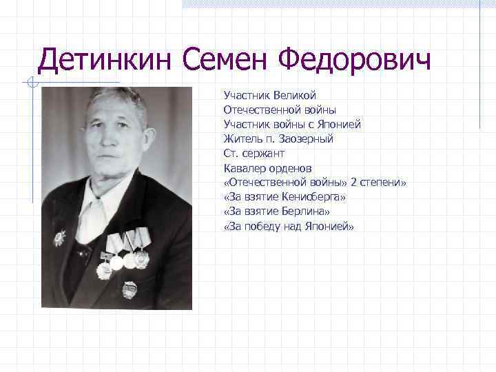 Детинкин Семен Федорович Участник Великой Отечественной войны Участник войны с Японией Житель п. Заозерный